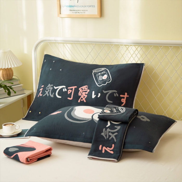 91家纺网 家纺一手货源 找家纺 朴尔1新款卡通AB组合全棉四层纱布枕巾一对 可爱牛油果-藏青