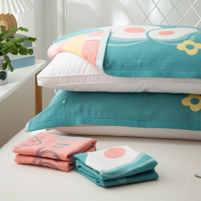 91家纺网 家纺一手货源 找家纺 朴尔新款卡通AB组合全棉四层纱布枕巾一对 可爱牛油果-绿