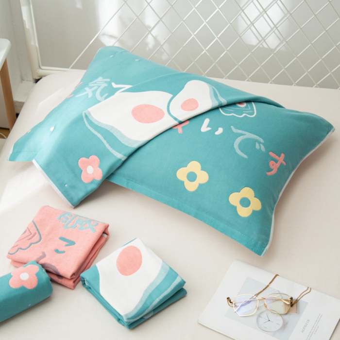 91家纺网 家纺一手货源 找家纺 朴尔新款卡通AB组合全棉四层纱布枕巾一对 可爱牛油果-绿