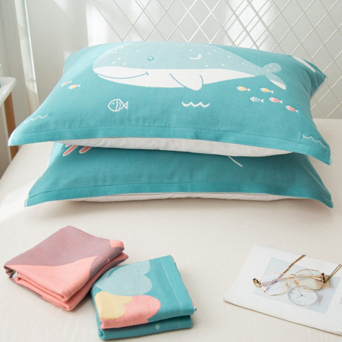 91家纺网 家纺一手货源 找家纺 朴尔新款卡通AB组合全棉四层纱布枕巾一对 气球鲸鱼-绿