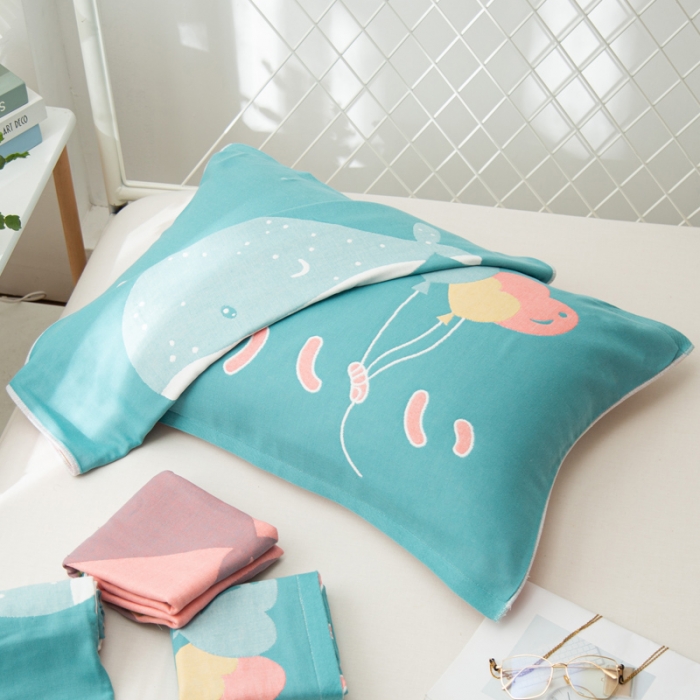 91家纺网 家纺一手货源 找家纺 朴尔新款卡通AB组合全棉四层纱布枕巾一对 气球鲸鱼-绿
