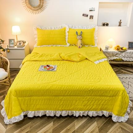 91家纺网 家纺一手货源 找家纺 仟网汇2021新款泡泡纱夏被四件套 泡芙小姐-亮黄