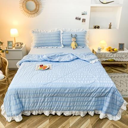 91家纺网 家纺一手货源 找家纺 仟网汇 2021新款泡泡纱夏被四件套 泡芙小姐-宁静蓝