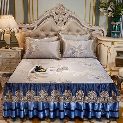 网红馆 2025新款大提花冰丝凉席床裙款三件套 花间密语