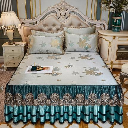 91家纺网 家纺一手货源 找家纺 网红馆 2025新款大提花冰丝凉席床裙款三件套 华美悠然