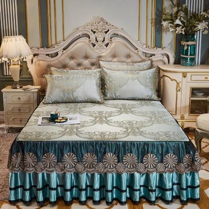 网红馆 2025新款大提花冰丝凉席床裙款三件套 佳人风格