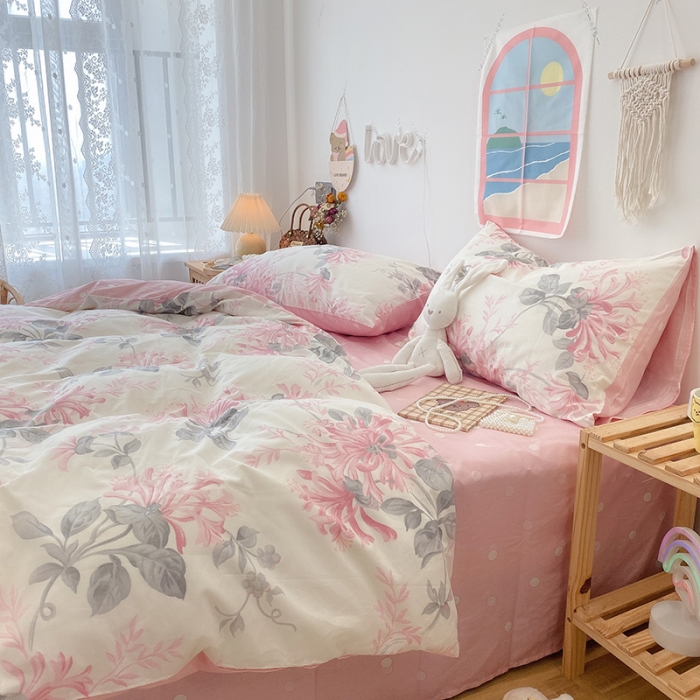 91家纺网 家纺一手货源 找家纺 2022年新款卡通系列全棉印花四件套实拍图直播爆款 花叶曼舞