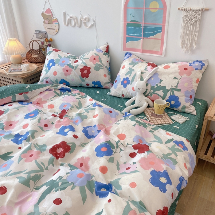 91家纺网 家纺一手货源 找家纺 2022年新款卡通系列全棉印花四件套实拍图直播爆款 油画小花