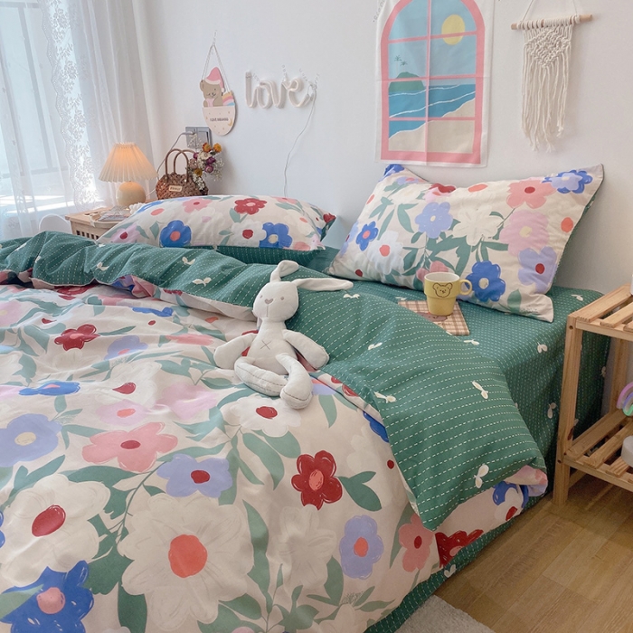 91家纺网 家纺一手货源 找家纺 2022年新款卡通系列全棉印花四件套实拍图直播爆款 油画小花