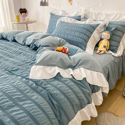 91家纺网 家纺一手货源 找家纺 花伞 2021新款韩版纯纯恋人泡泡纱花边四件套 天空蓝