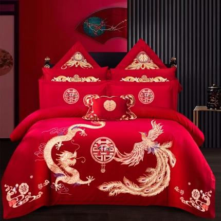 91家纺网 家纺一手货源 找家纺 慕她 2025四件套大红色刺绣花结婚全棉纯棉多件套 新禧龙凤