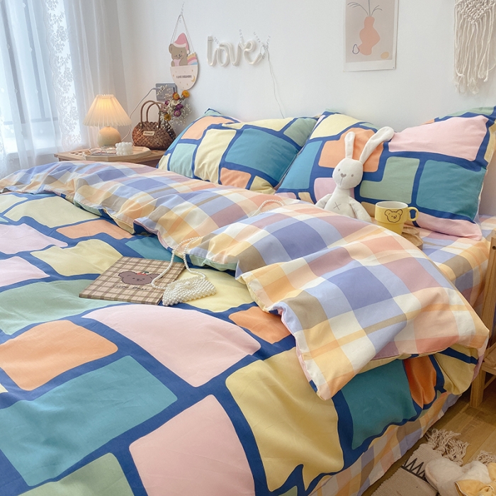 91家纺网 家纺一手货源 找家纺 沐棉家居  2022年新款13070全棉印花四件套直播爆款 彩格拼图