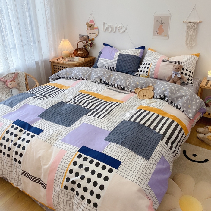 91家纺网 家纺一手货源 找家纺 沐棉家居  2022年新款13070全棉印花四件套直播爆款 几何点点