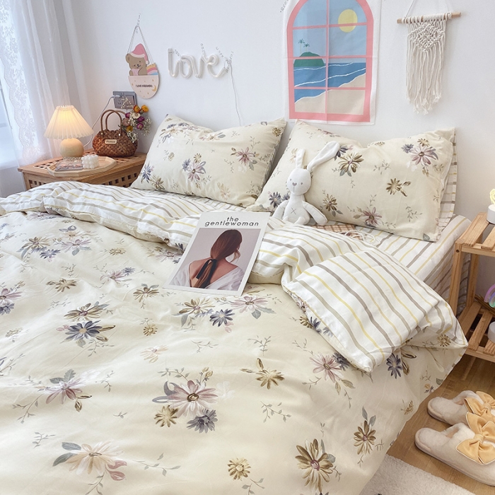 91家纺网 家纺一手货源 找家纺 沐棉家居  2022年新款13070全棉印花四件套直播爆款 木槿