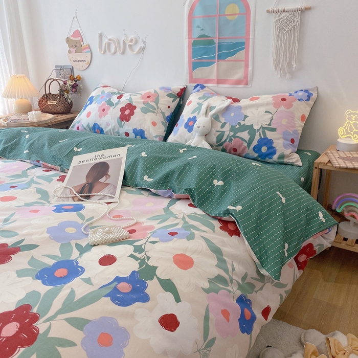 91家纺网 家纺一手货源 找家纺 沐棉家居  2022年新款13070全棉印花四件套直播爆款 油画小花