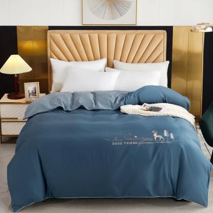 91家纺网 家纺一手货源 找家纺 金窝窝家纺 2024新款纯棉绣花单被套 福鹿相伴牛仔蓝