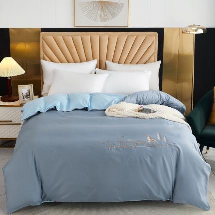 91家纺网 家纺一手货源 找家纺 金窝窝家纺 2024新款纯棉绣花单被套 福鹿相伴天空蓝