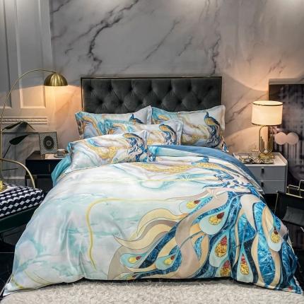 91家纺网 家纺一手货源 找家纺 博纳家纺 2021新款水洗真丝数码印花四件套 七彩孔雀