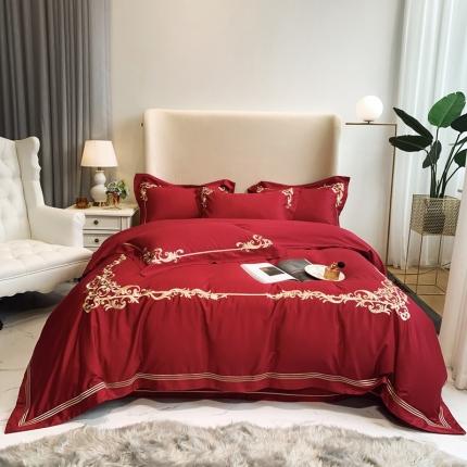 91家纺网 家纺一手货源 找家纺 馨蕊2021全棉60s双股埃及长绒棉四件套-巴比伦系列温莎红