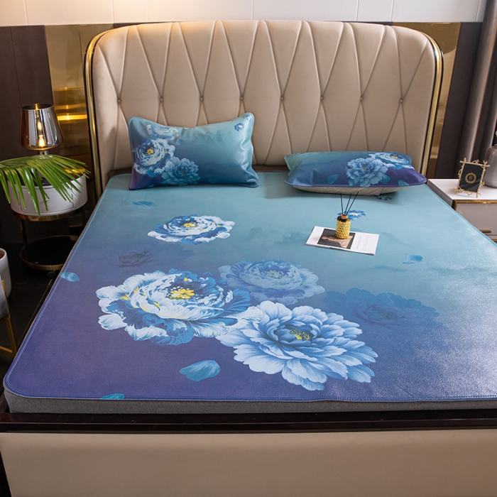 91家纺网 家纺一手货源 找家纺 吾秀 2021新款数码版头层牛皮席 蓝牡丹