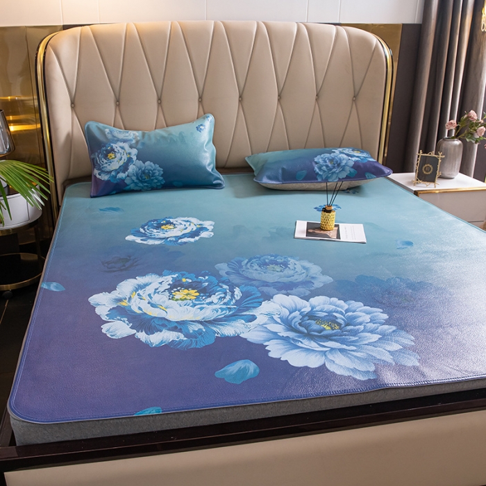 91家纺网 家纺一手货源 找家纺 吾秀 2021新款数码版头层牛皮席 蓝牡丹