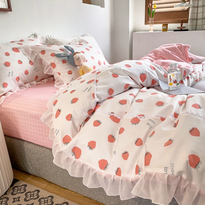 91家纺网 家纺一手货源 找家纺 怡家居 2021新款韩版全棉四件套草莓甜心