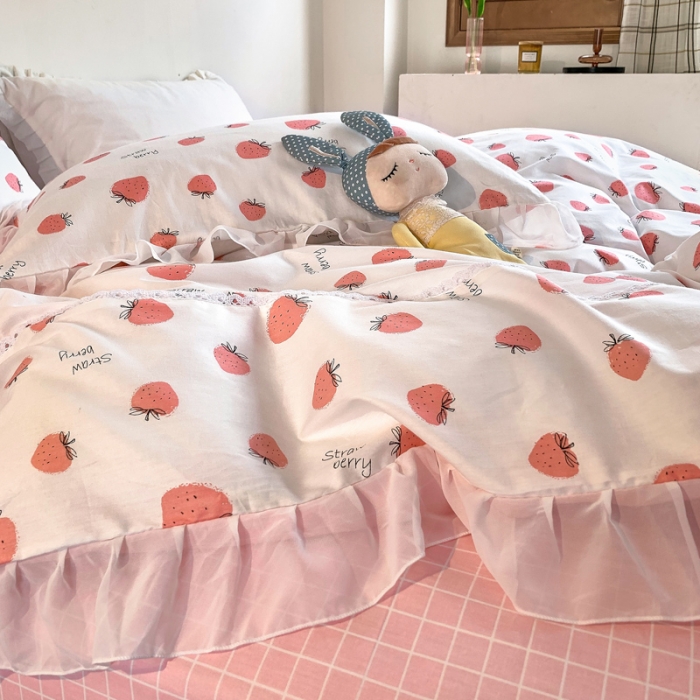 91家纺网 家纺一手货源 找家纺 怡家居 2021新款韩版全棉四件套草莓甜心
