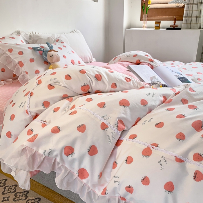 91家纺网 家纺一手货源 找家纺 怡家居 2021新款韩版全棉四件套草莓甜心