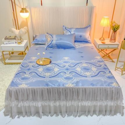 ds生活馆 凉席冰丝席可水洗冰丝席床裙款冰丝席三件套 安吉丽