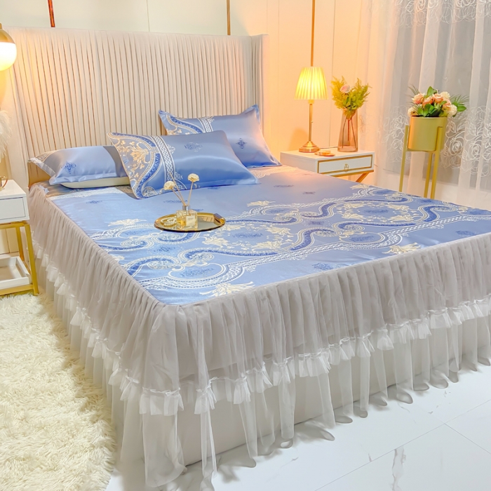 91家纺网 家纺一手货源 找家纺 ds生活馆 凉席冰丝席可水洗冰丝席床裙款冰丝席三件套 安吉丽