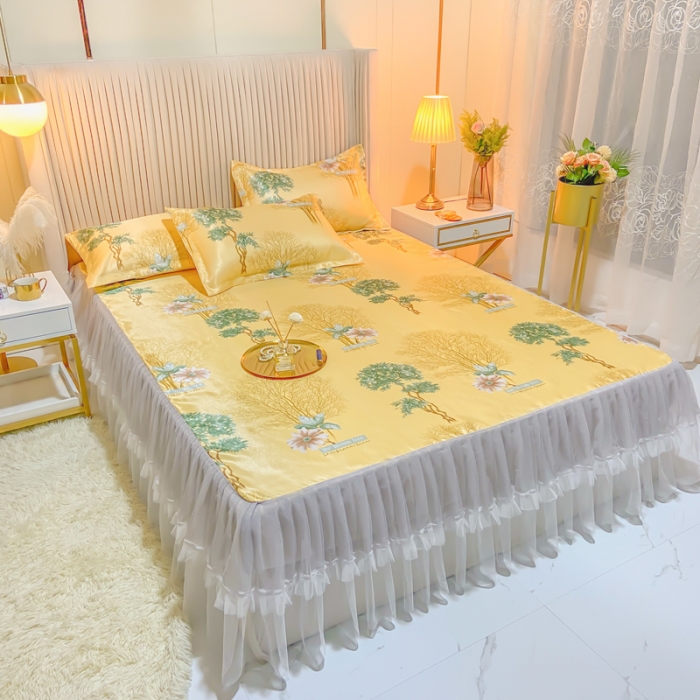 91家纺网 家纺一手货源 找家纺 ds生活馆 凉席冰丝席可水洗冰丝席床裙款冰丝席三件套 梦境黄