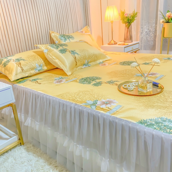 91家纺网 家纺一手货源 找家纺 ds生活馆 凉席冰丝席可水洗冰丝席床裙款冰丝席三件套 梦境黄