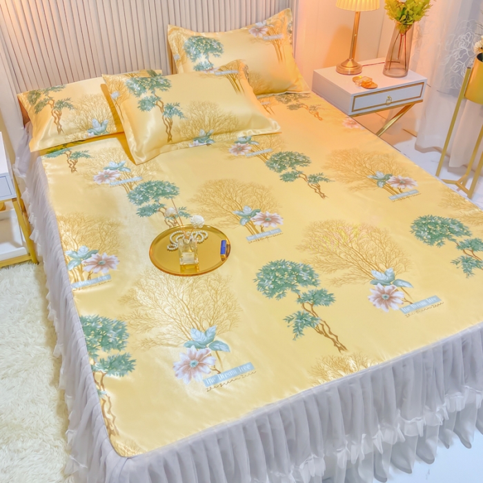 91家纺网 家纺一手货源 找家纺 ds生活馆 凉席冰丝席可水洗冰丝席床裙款冰丝席三件套 梦境黄