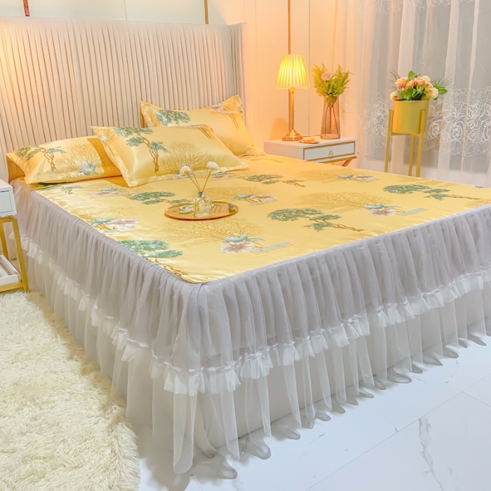 91家纺网 家纺一手货源 找家纺 ds生活馆 凉席冰丝席可水洗冰丝席床裙款冰丝席三件套 梦境黄