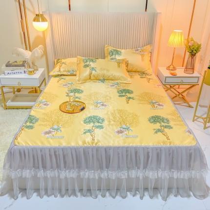 ds生活馆 凉席冰丝席可水洗冰丝席床裙款冰丝席三件套 梦境黄