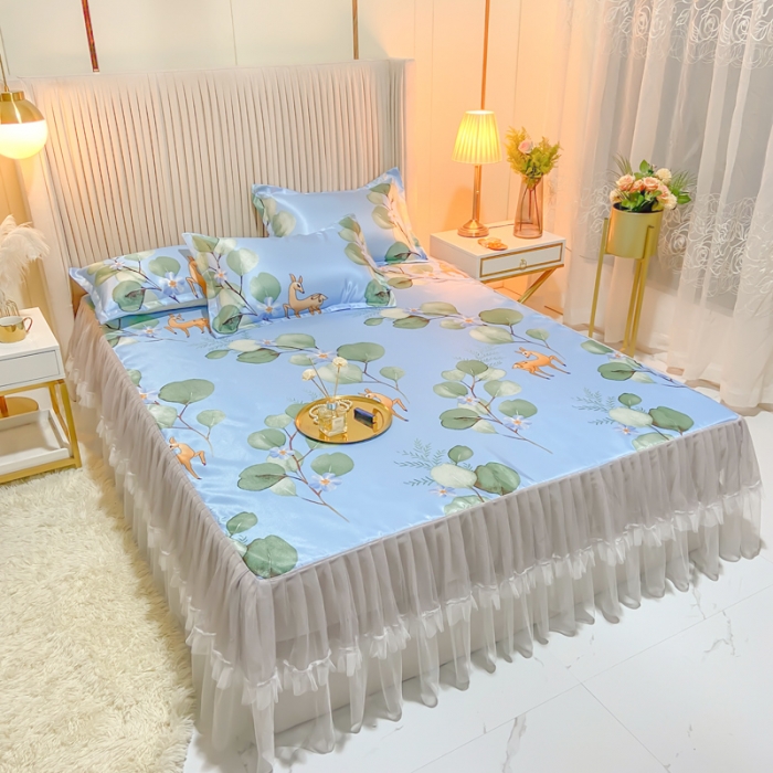 91家纺网 家纺一手货源 找家纺 ds生活馆 凉席冰丝席可水洗冰丝席床裙款冰丝席三件套 森林奇境