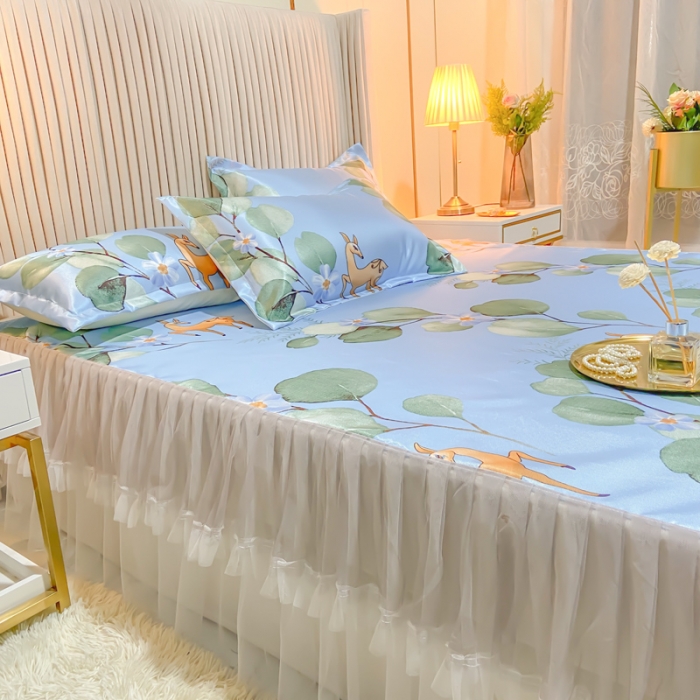 91家纺网 家纺一手货源 找家纺 ds生活馆 凉席冰丝席可水洗冰丝席床裙款冰丝席三件套 森林奇境