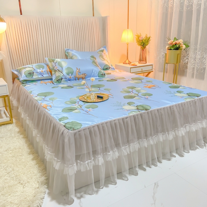 91家纺网 家纺一手货源 找家纺 ds生活馆 凉席冰丝席可水洗冰丝席床裙款冰丝席三件套 森林奇境