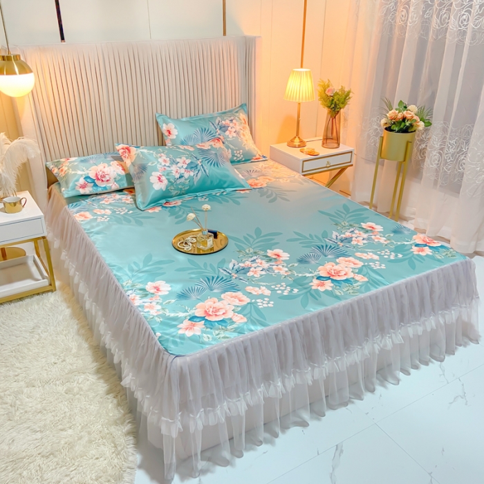 91家纺网 家纺一手货源 找家纺 ds生活馆 凉席冰丝席可水洗冰丝席床裙款冰丝席三件套 盛世花开