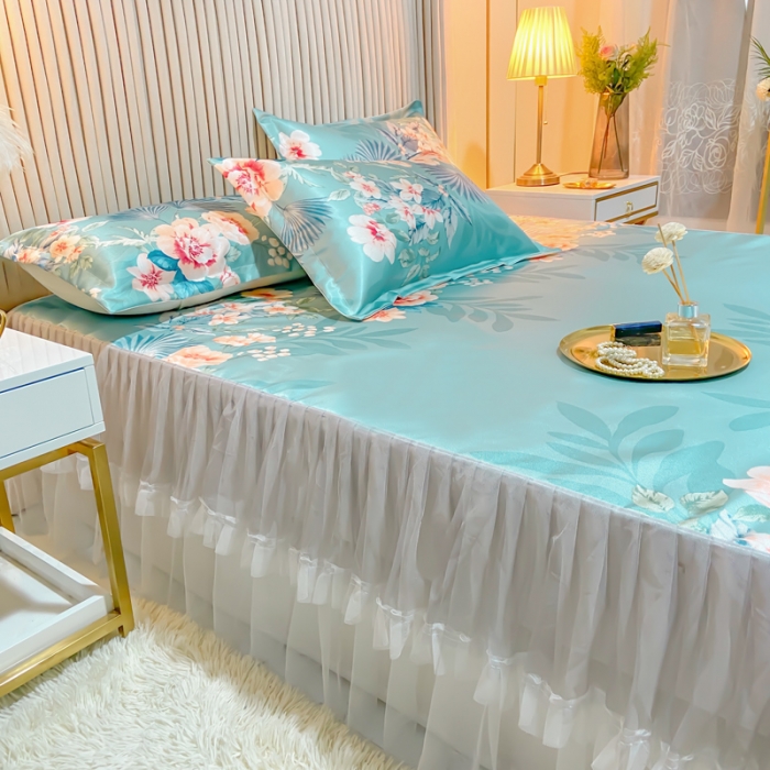 91家纺网 家纺一手货源 找家纺 ds生活馆 凉席冰丝席可水洗冰丝席床裙款冰丝席三件套 盛世花开