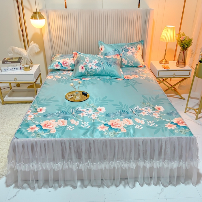 91家纺网 家纺一手货源 找家纺 ds生活馆 凉席冰丝席可水洗冰丝席床裙款冰丝席三件套 盛世花开