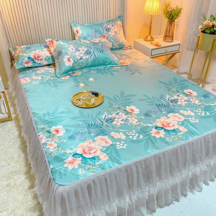 91家纺网 家纺一手货源 找家纺 ds生活馆 凉席冰丝席可水洗冰丝席床裙款冰丝席三件套 盛世花开