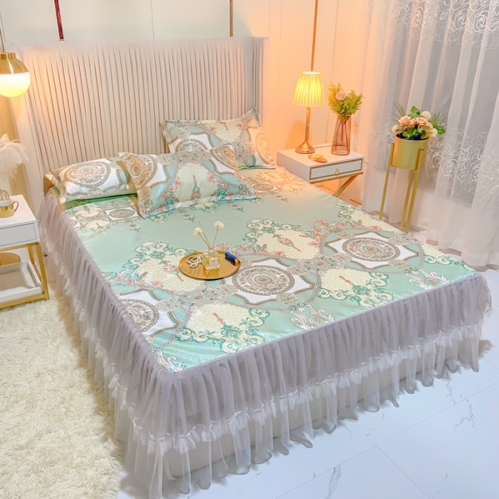 91家纺网 家纺一手货源 找家纺 ds生活馆 凉席冰丝席可水洗冰丝席床裙款冰丝席三件套 维纳斯绿