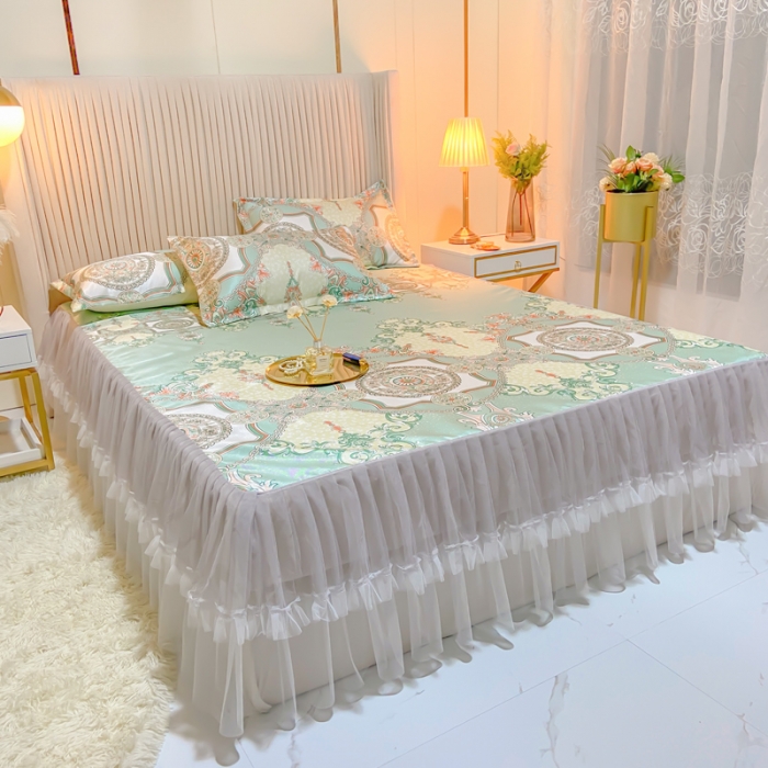 91家纺网 家纺一手货源 找家纺 ds生活馆 凉席冰丝席可水洗冰丝席床裙款冰丝席三件套 维纳斯绿