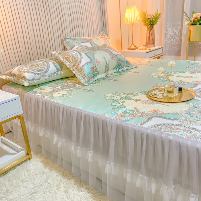 91家纺网 家纺一手货源 找家纺 ds生活馆 凉席冰丝席可水洗冰丝席床裙款冰丝席三件套 维纳斯绿