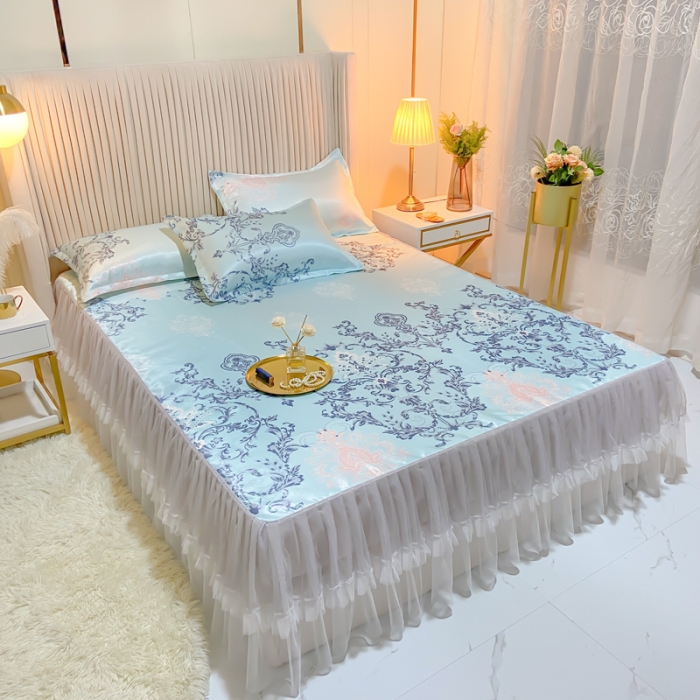 91家纺网 家纺一手货源 找家纺 ds生活馆 凉席冰丝席可水洗冰丝席床裙款冰丝席三件套 悉尼蓝