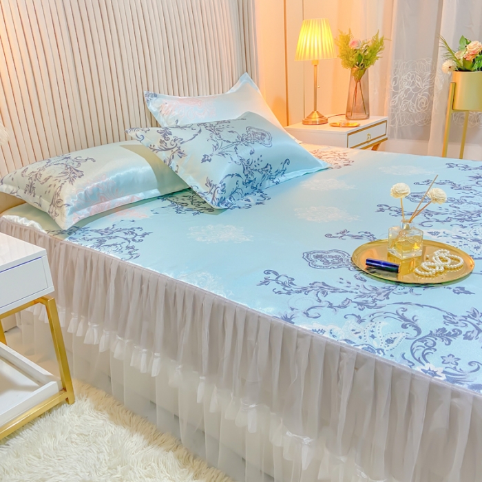 91家纺网 家纺一手货源 找家纺 ds生活馆 凉席冰丝席可水洗冰丝席床裙款冰丝席三件套 悉尼蓝