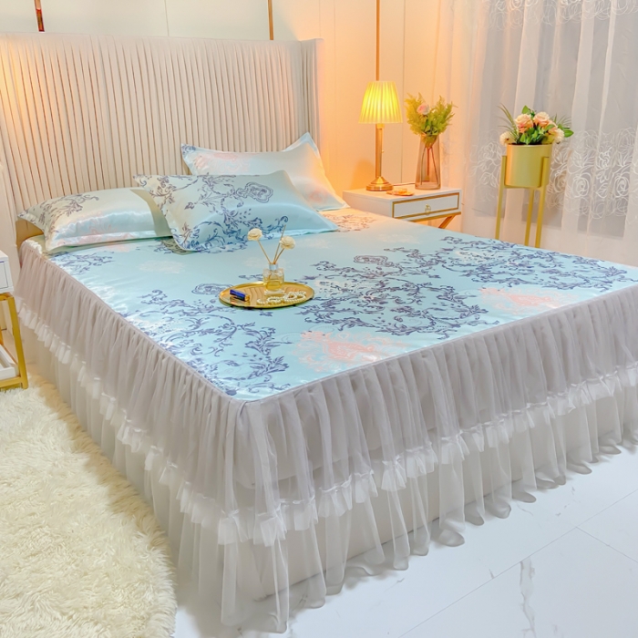 91家纺网 家纺一手货源 找家纺 ds生活馆 凉席冰丝席可水洗冰丝席床裙款冰丝席三件套 悉尼蓝