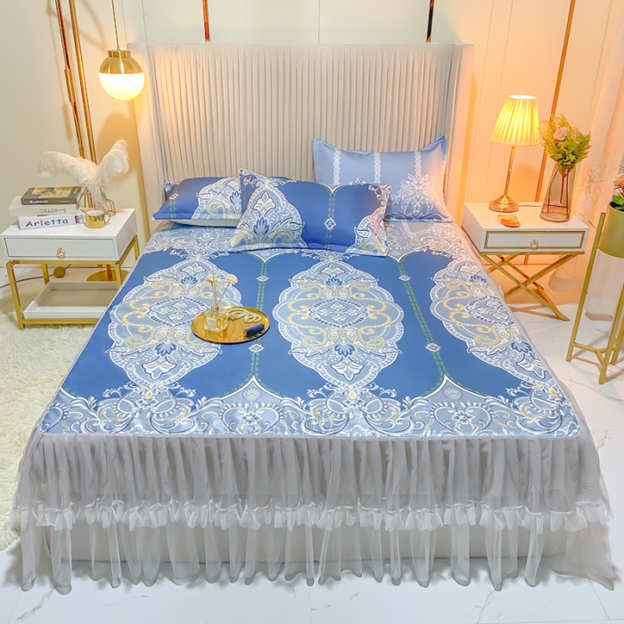 91家纺网 家纺一手货源 找家纺 ds生活馆 凉席冰丝席可水洗冰丝席床裙款冰丝席三件套 雅韵翩然