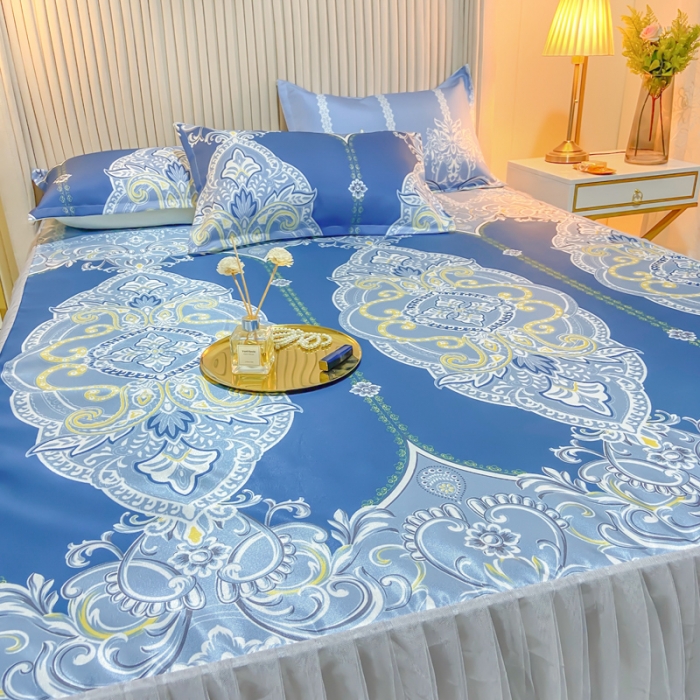 91家纺网 家纺一手货源 找家纺 ds生活馆 凉席冰丝席可水洗冰丝席床裙款冰丝席三件套 雅韵翩然